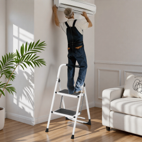 2 Step Ladder, Folding Step Stool with Anti-Slip and Wide Pedal, Lightweight Stepladder with Handrails, Portable for Kitchen, Household, 330LBS, White