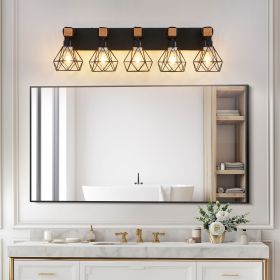 31" Modern Geometric 5-Light Vanity Light Fixture with Black Metal, Wooden Accents and Cage Lampshade for Bathroom, Bedroom