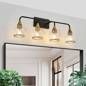 31" Modern 4-Light Vanity Wall Sconce - Black and Gold Bathroom Light Fixture with Clear Glass Shades, Industrial Wall Mounted Lamp for Mirror, V