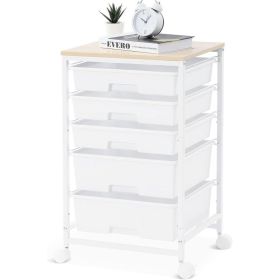 Utility Cart with 5 Drawers,Storage Drawer Cart with Wooden Tabletop and Lockable Wheels,Craft Storage Trolley Cart