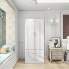 74.2" Tall 2 Doors Wardrobe Closet 2 Drawers Wood Bedroom Closet Wardrobe Armoire Cabinet White Freestanding Wardrobe Cabinet with Hanging Rod