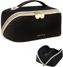 Makeup Bag for Women Travel Waterproof Vegan Leather Cosmetic Bag Open Flat Toiletry Bag With Clear Divider and Handle