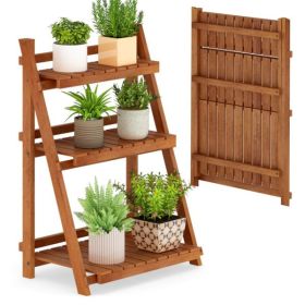 Acacia Wood 3-Tier Ladder Plant Stand, Foldable Indoor Outdoor Display Rack