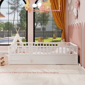 Full size Floor bed, integral construction with super high security barrier, door, children's floor bed frame, Montessori wooden children's floor bed