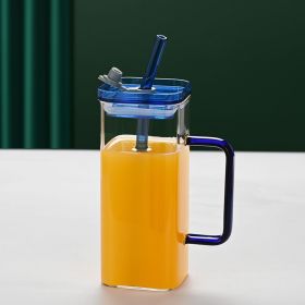 1 Pcs Blue Glass Straw Cup, 6 Colors Square Glass Cup With Straw And Lid, High Borosilicate Glass Cup, Milk Cup, Juice Cup, Cold Drink Cup, Coffe