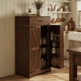 Farmhouse Kitchen Pantry Cabinet - 472" Tall Wood Kitchen Storage Cabinets with Adjustable Shelves  Barn Style Doors Drawer (Color: Brown)
