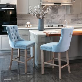 Contemporary Velvet Upholstered Barstools with Button Tufted Decoration and Wooden Legs, and Chrome Nailhead Trim, Leisure Style Bar Chairs,Bar stools (Color: as Pic)